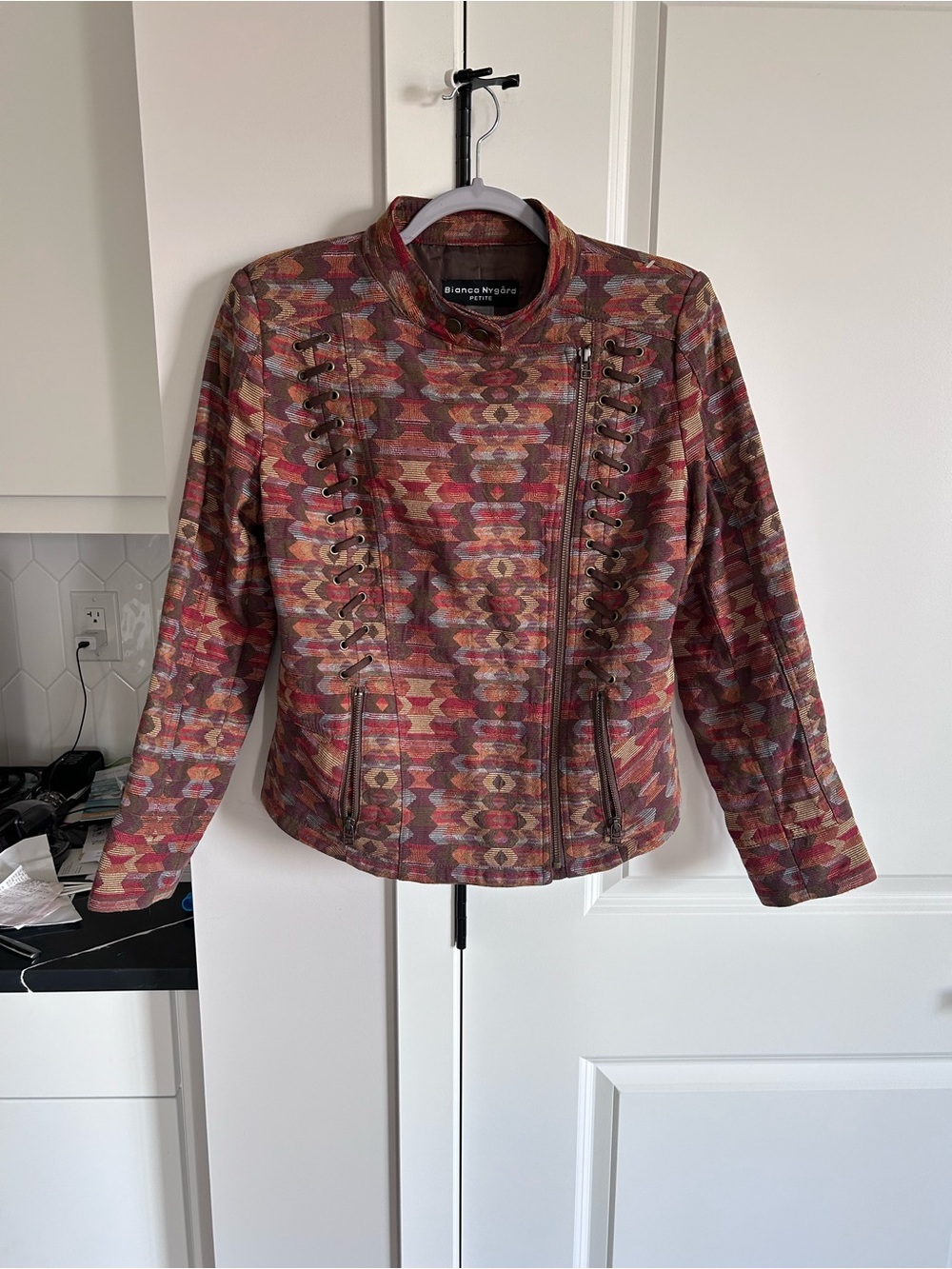 Bianca Nygård Multicolor Patterned Lace-Up Asymmetrical Zip Jacket Geometric